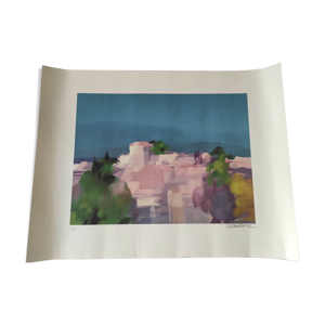 Le village rose - Lithographie