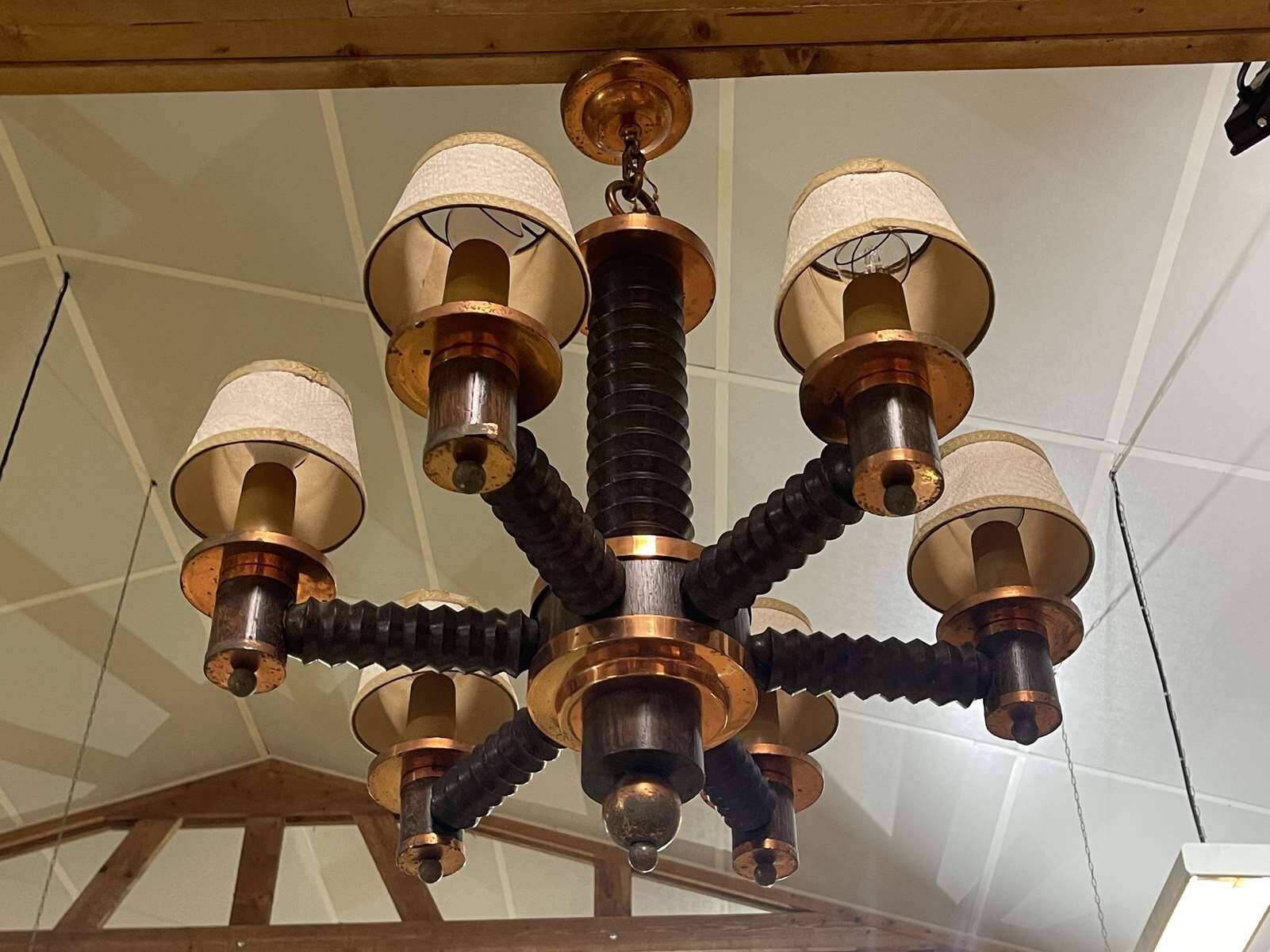 6-light oak chandelier from the 50s