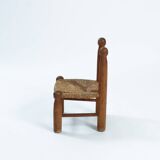Low fireplace chairs, French, wood and straw set of 2