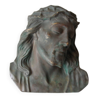 Old bronze face of Christ signed X.RANEL 27 cm 6.8 kilos Catholic religion