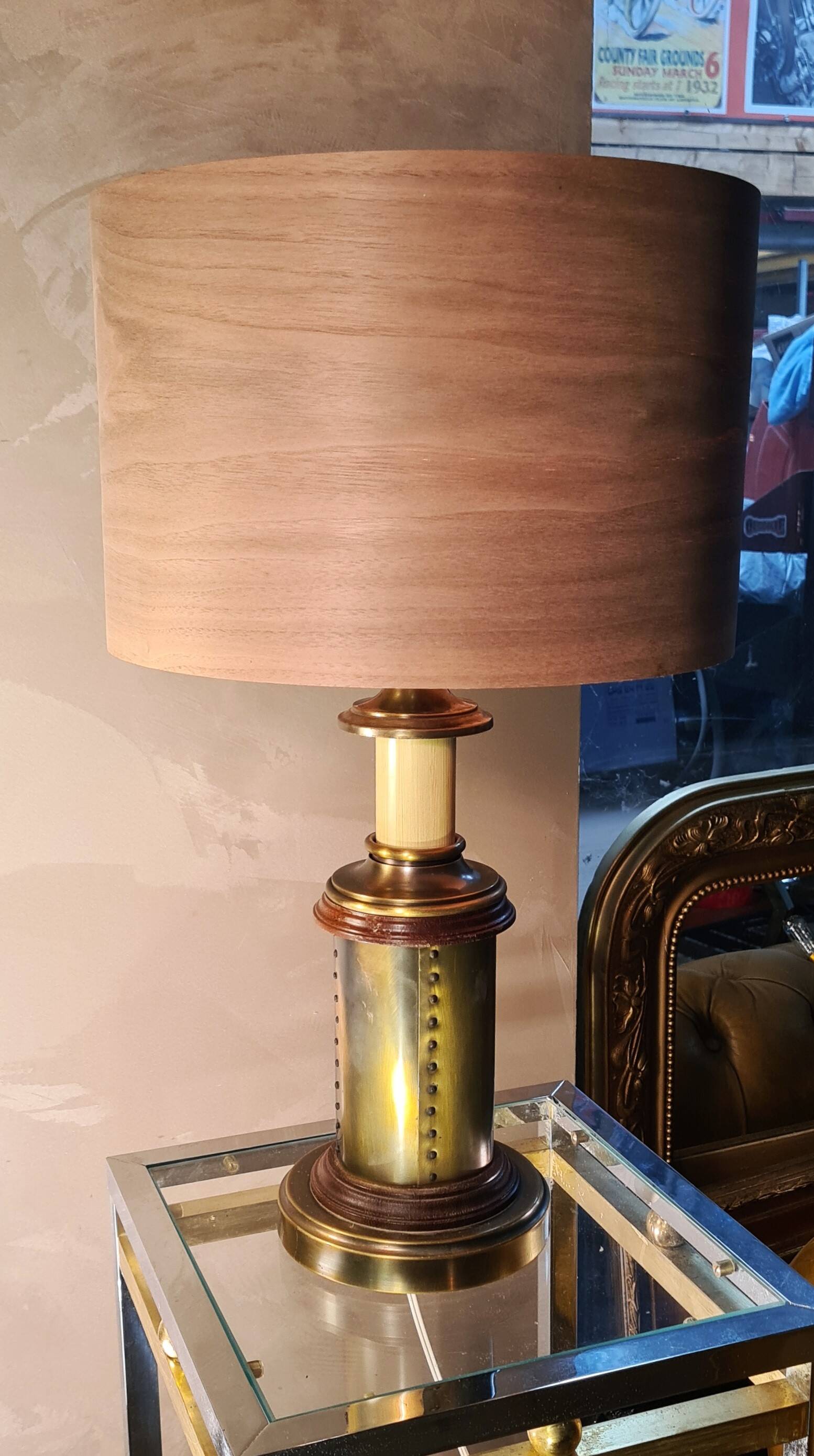 1970 wood and metal lamp in patinated riveted style with superb heavy lampshade in real wood sheet