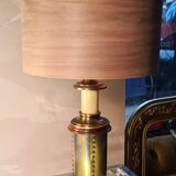 1970 wood and metal lamp in patinated riveted style with superb heavy lampshade in real wood sheet