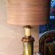 1970 wood and metal lamp in patinated riveted style with superb heavy lampshade in real wood sheet