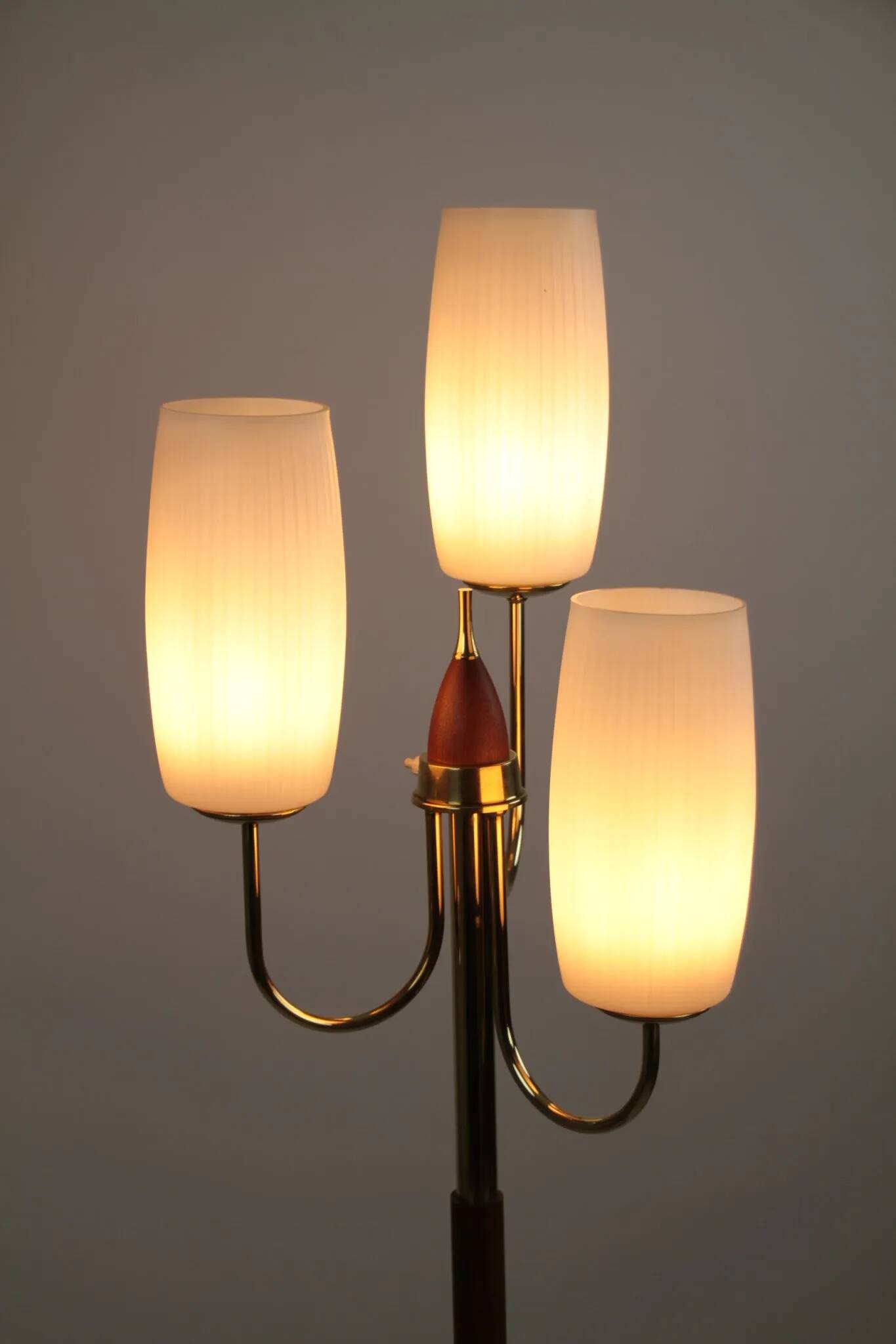 Brass & Teak Three-Light Candelabra Floor Lamp — Scandinavia, 1940s/1950s