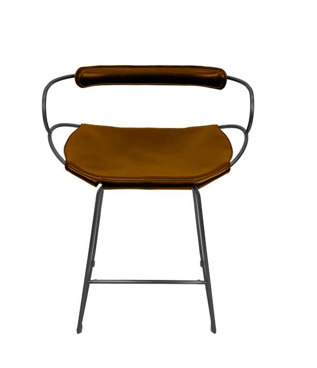 Contemporary bar stool with a smoked black steel backrest and natural tobacco leather.