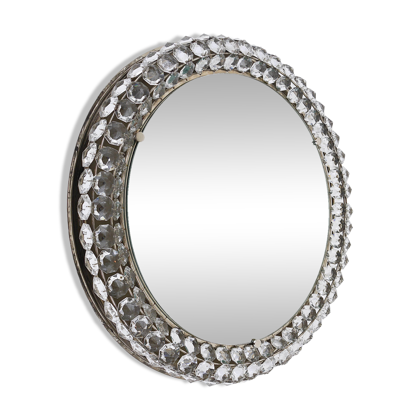 Backlit circular wall mirror Bakalowits Vienna with large crystals, Austria, 1950s