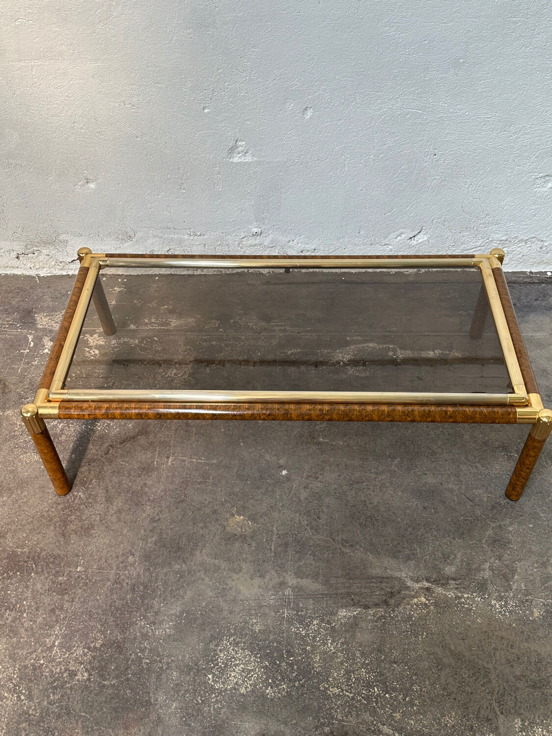 Gold-tone metal and imitation elm burl coffee table