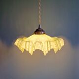 Art Deco pendant light in speckled green and white pleated glass, 1920s-30s.