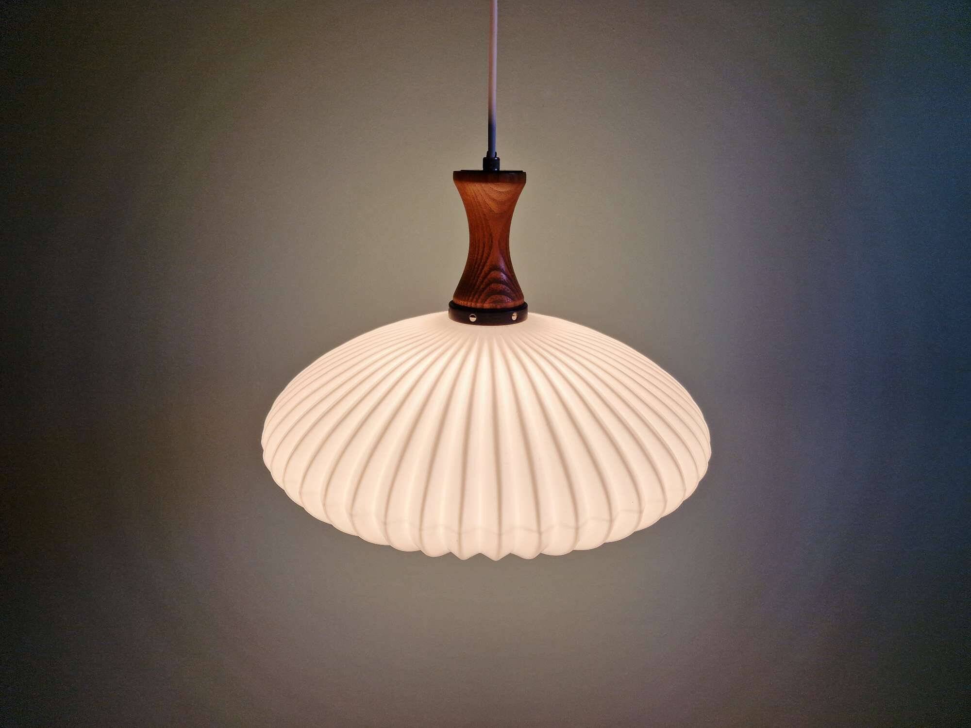 Teak and pleated white opaline suspension, Massive, 1960