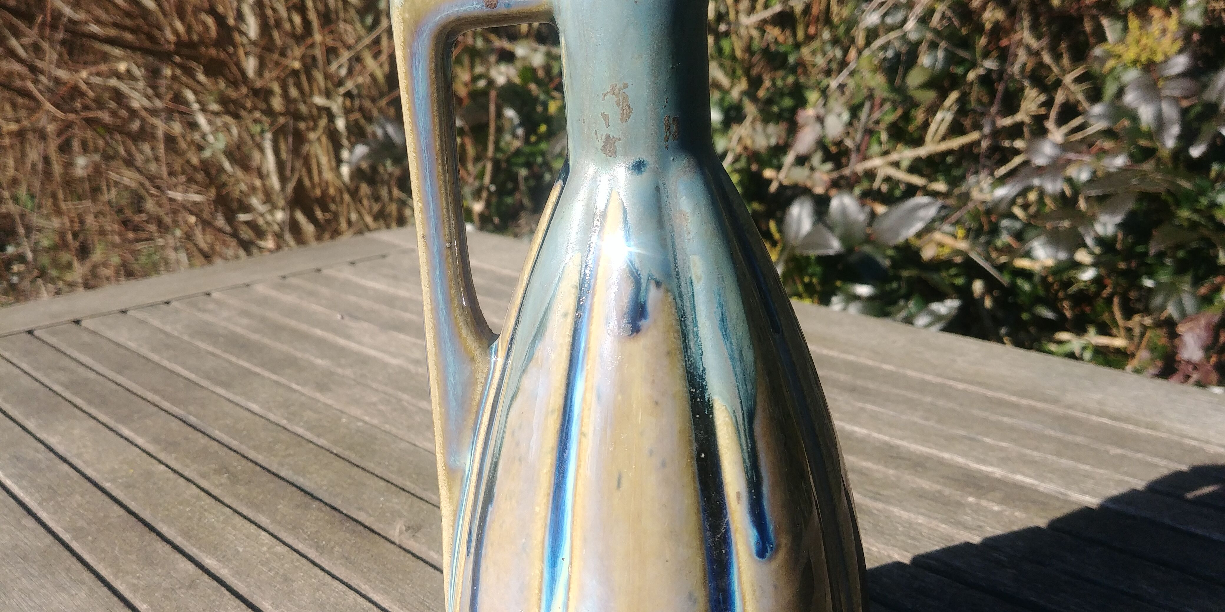 Pitcher/carafe old glazed ceramic La Borne style blue/beige