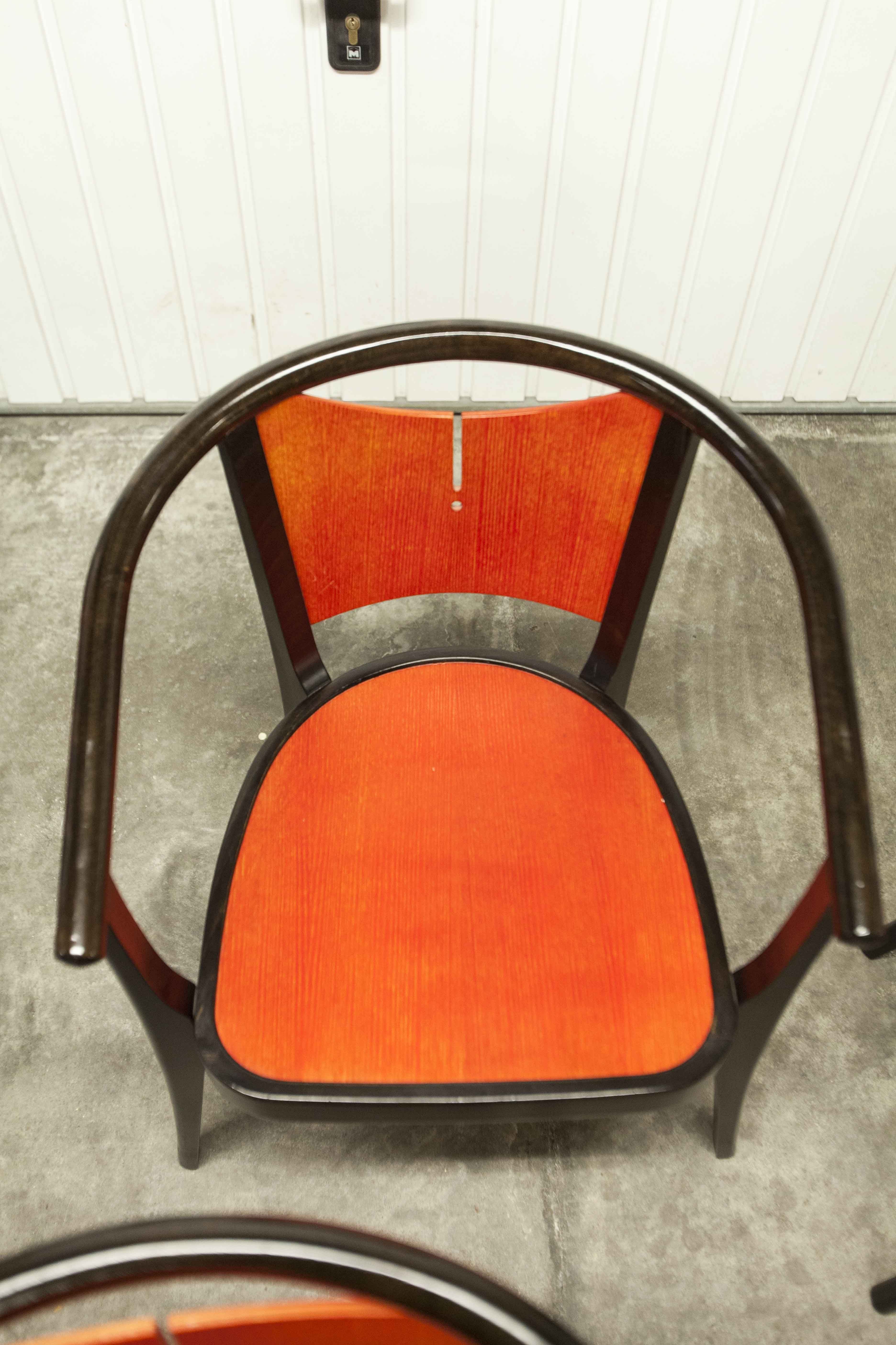 Table and 6 armchairs Baumann Diese, design Pagnon Pelhaître, Wenge color and red,