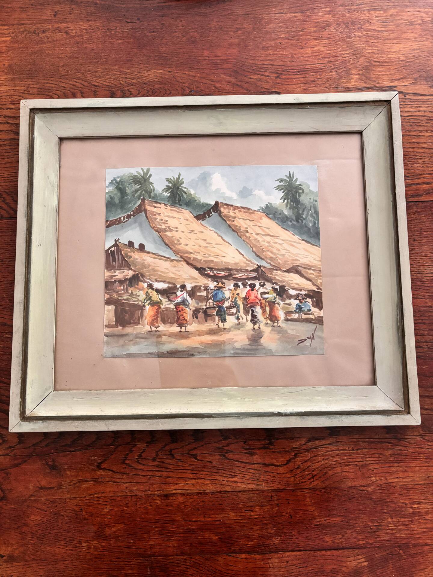 Aquarelle ancienne - Scène de Marché - École d'Indochine v. 1950