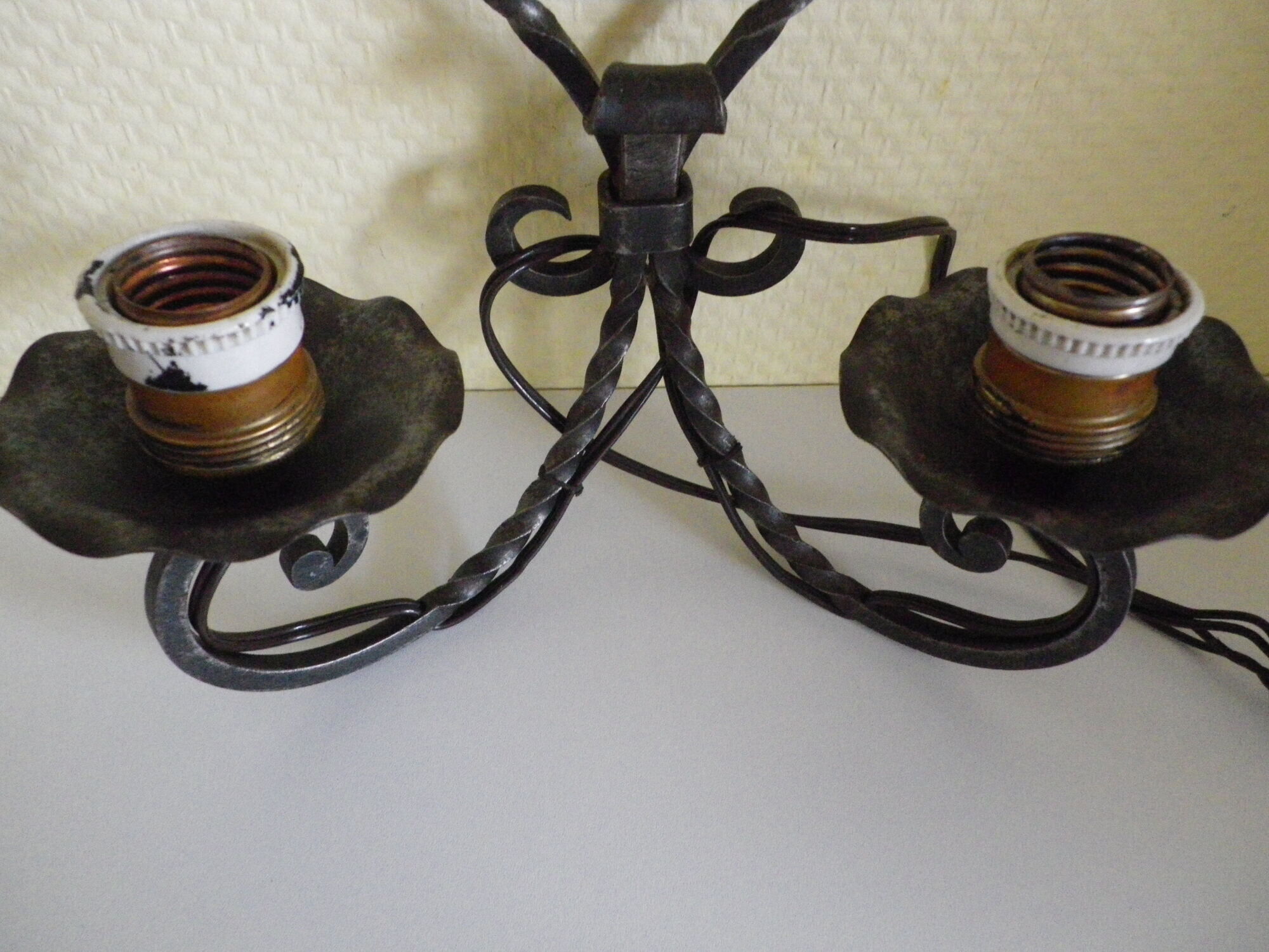 Real wrought iron wall sconce assembled and uns welded, porcelain and brass sleeves -1930/40
