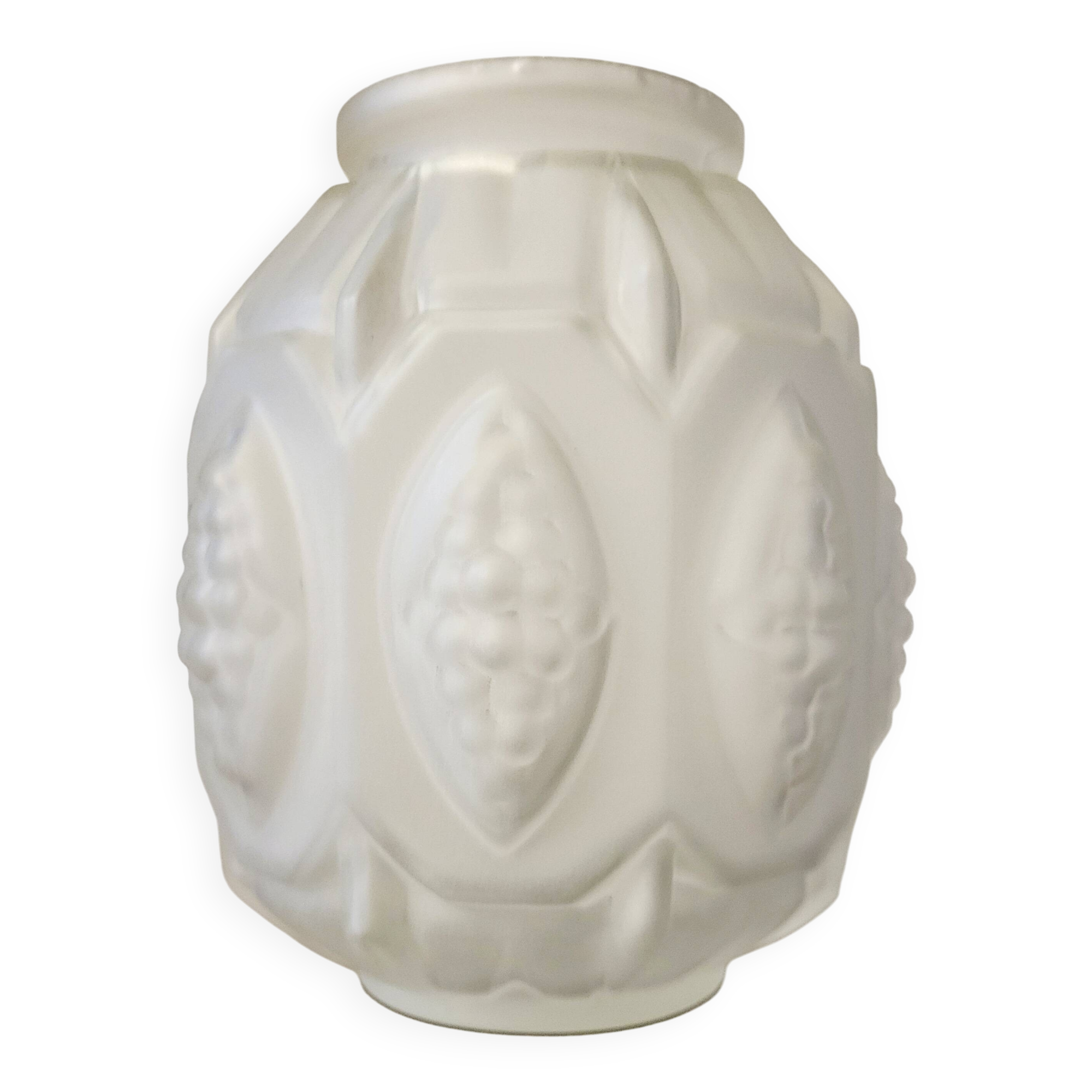 Vase Art déco en verre pressé dépoli avec décor floral, probablement des années 40
