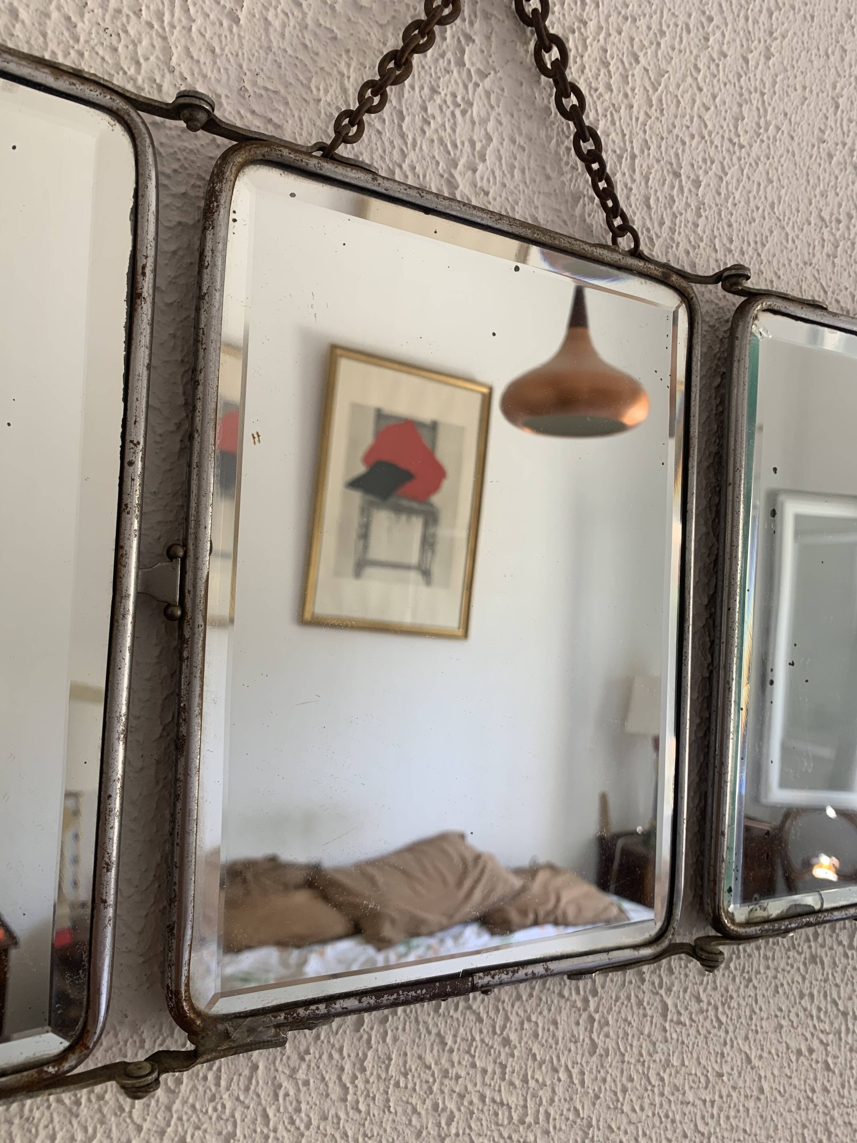 Vintage 1930s barber triptych mirror with camouflage beveled glass - 25 x 59 cm