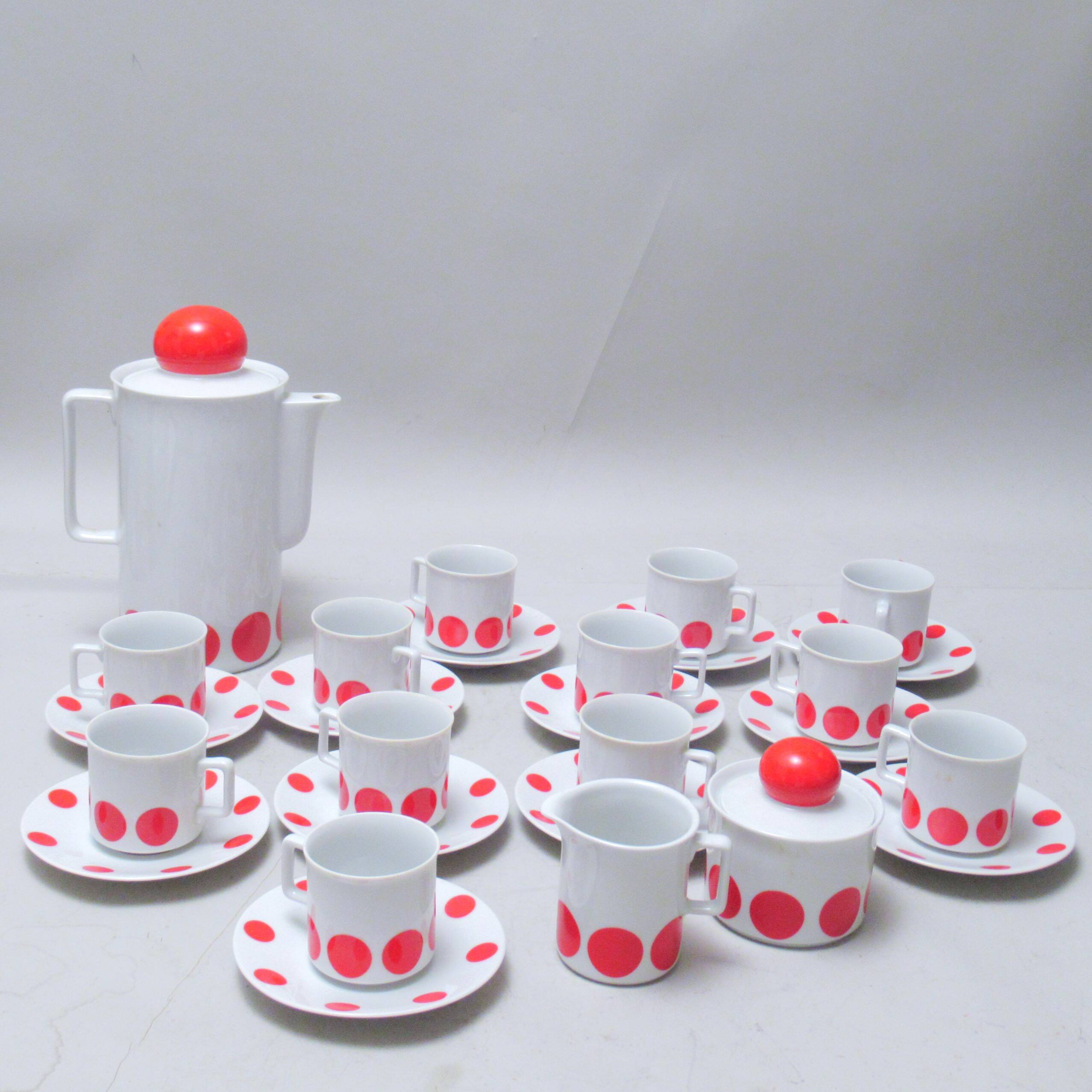 70s red polka dot porcelain coffee set