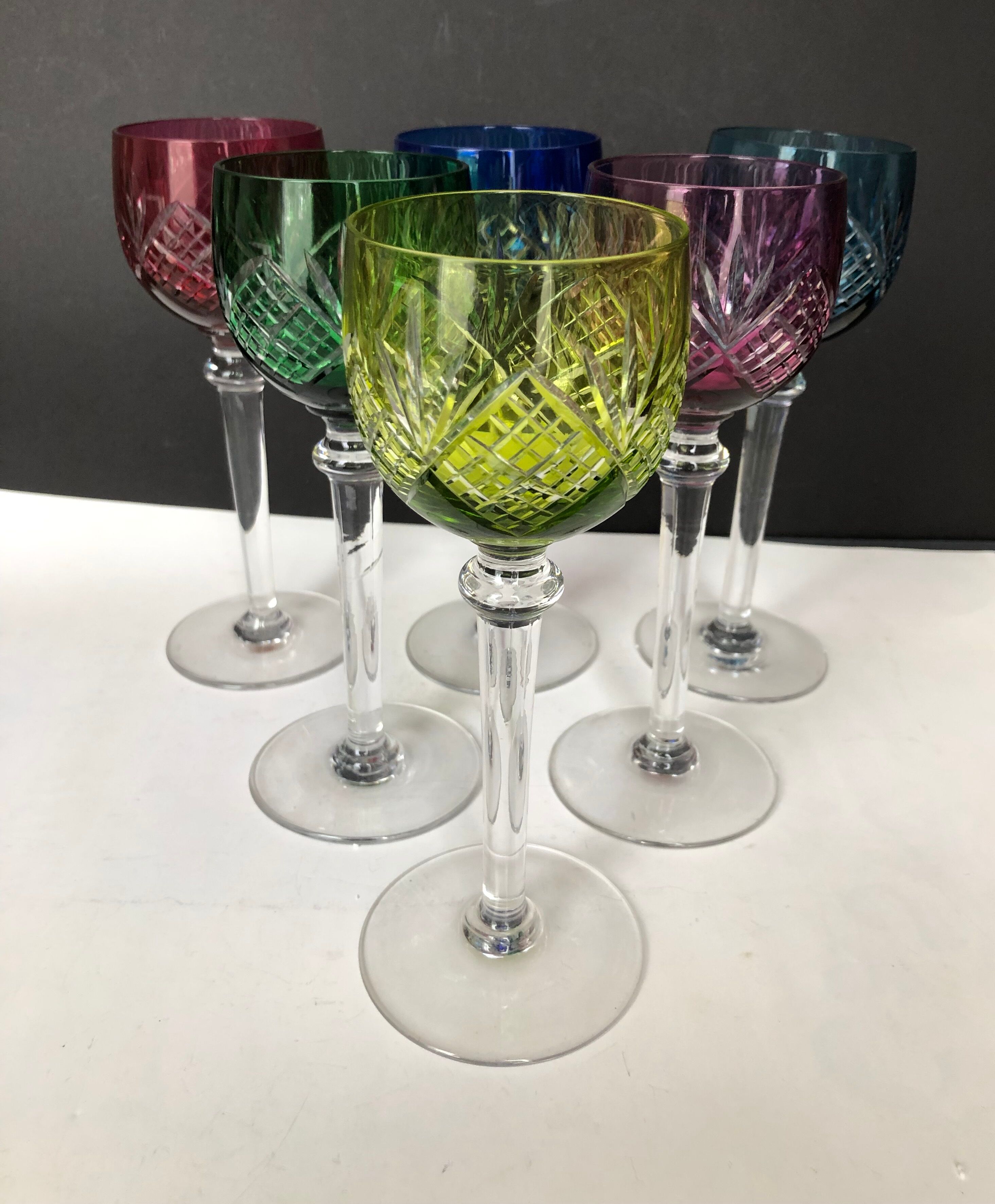 6 colored wine glasses in cut crystal from Saint Louis