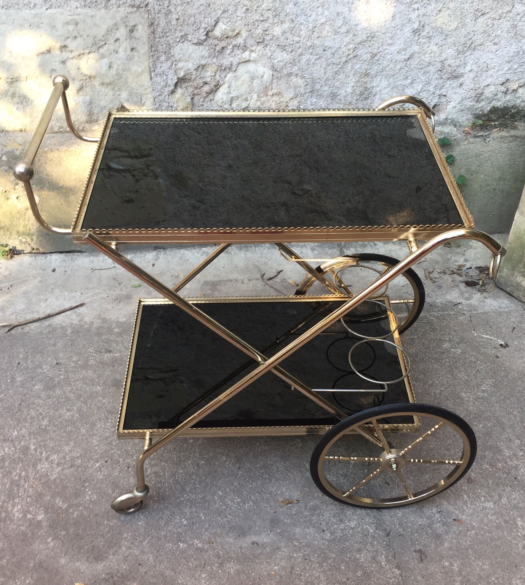 Rolling serving table glass and brass