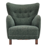 Fauteuil danois des années 1960, état d'origine, tissu d'ameublement, pieds en bois de hêtre.