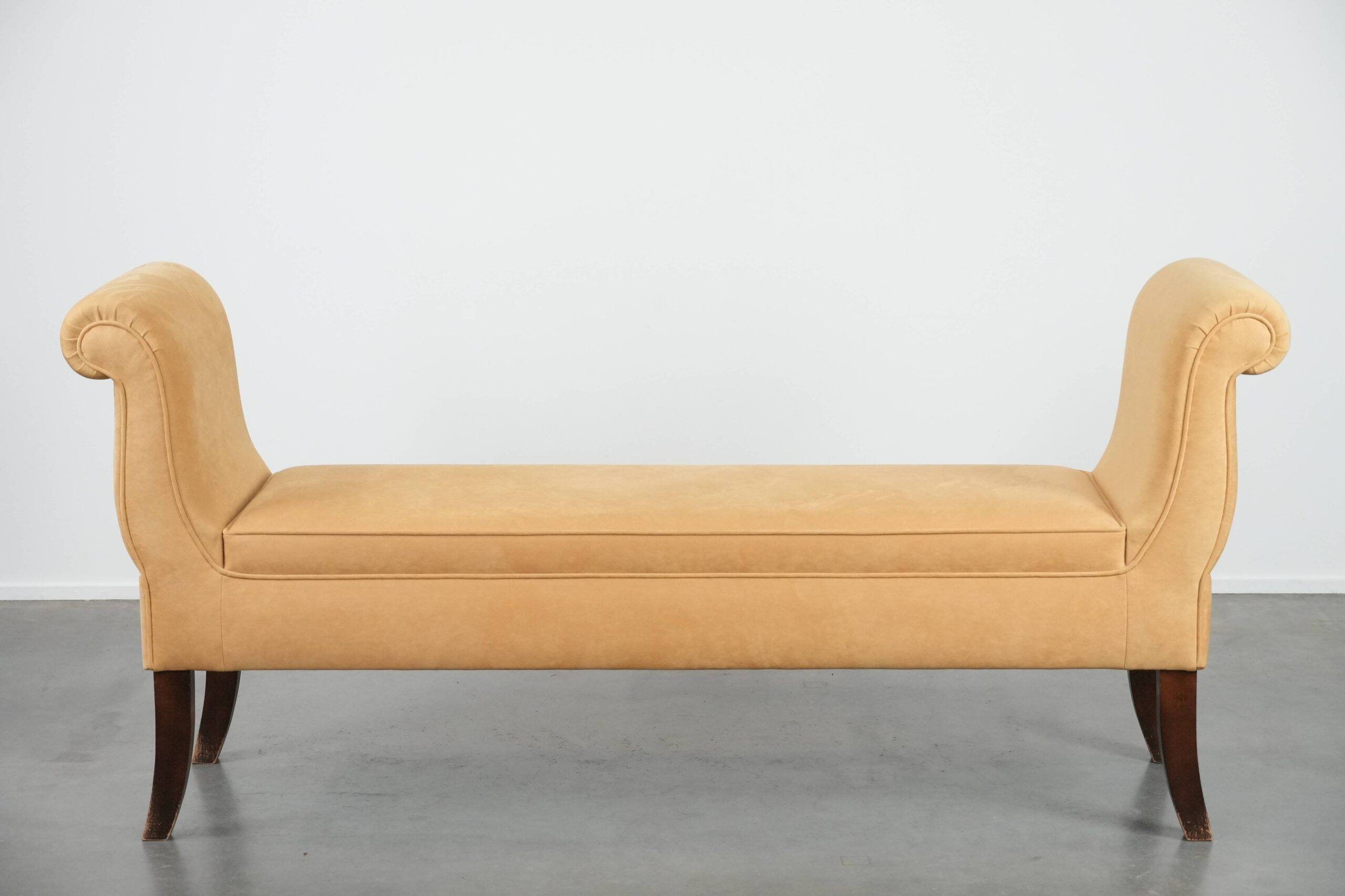 Mustard yellow fabric vintage bench from the late 20th century