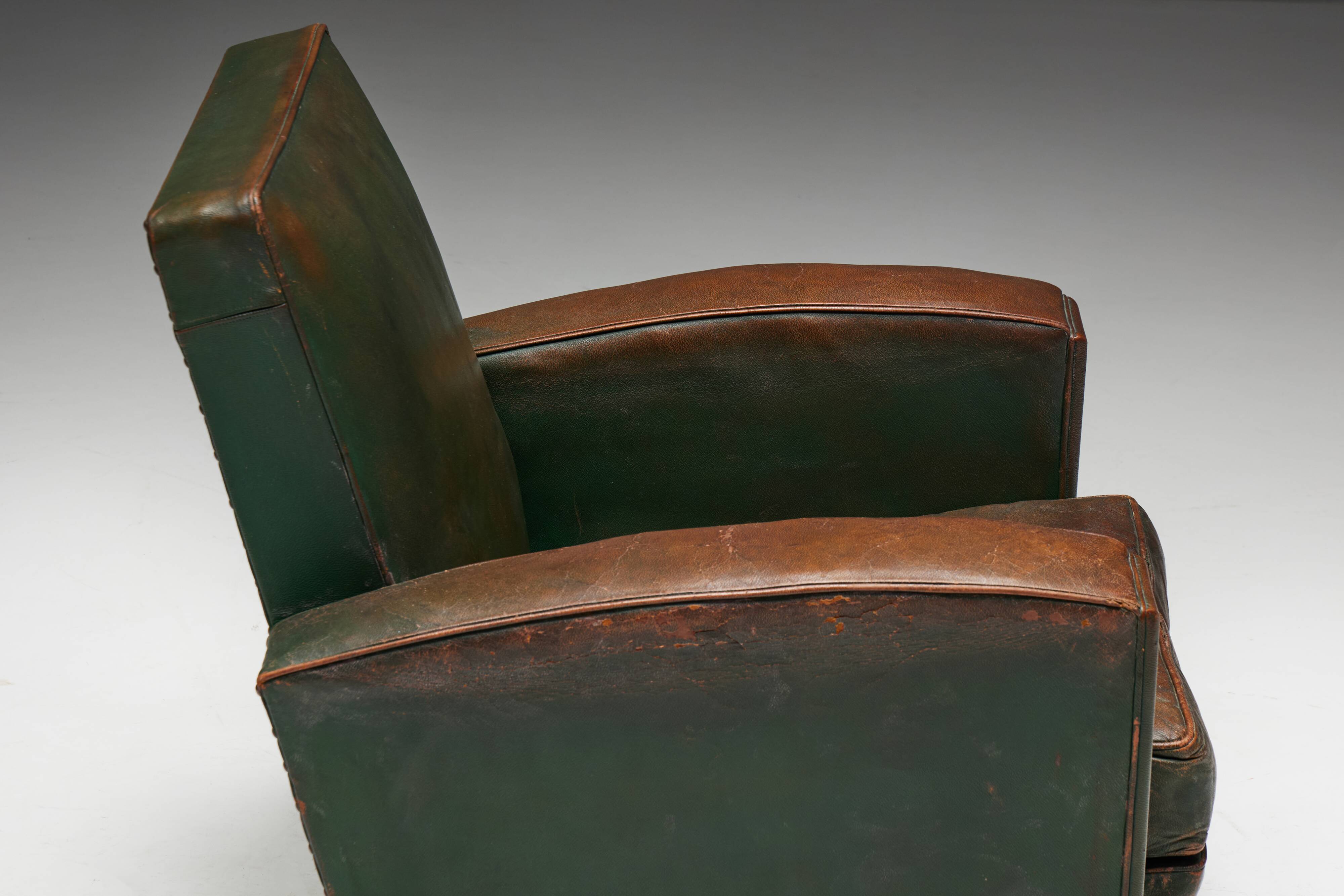 Art Deco Leather Club Chairs, France, 1930s