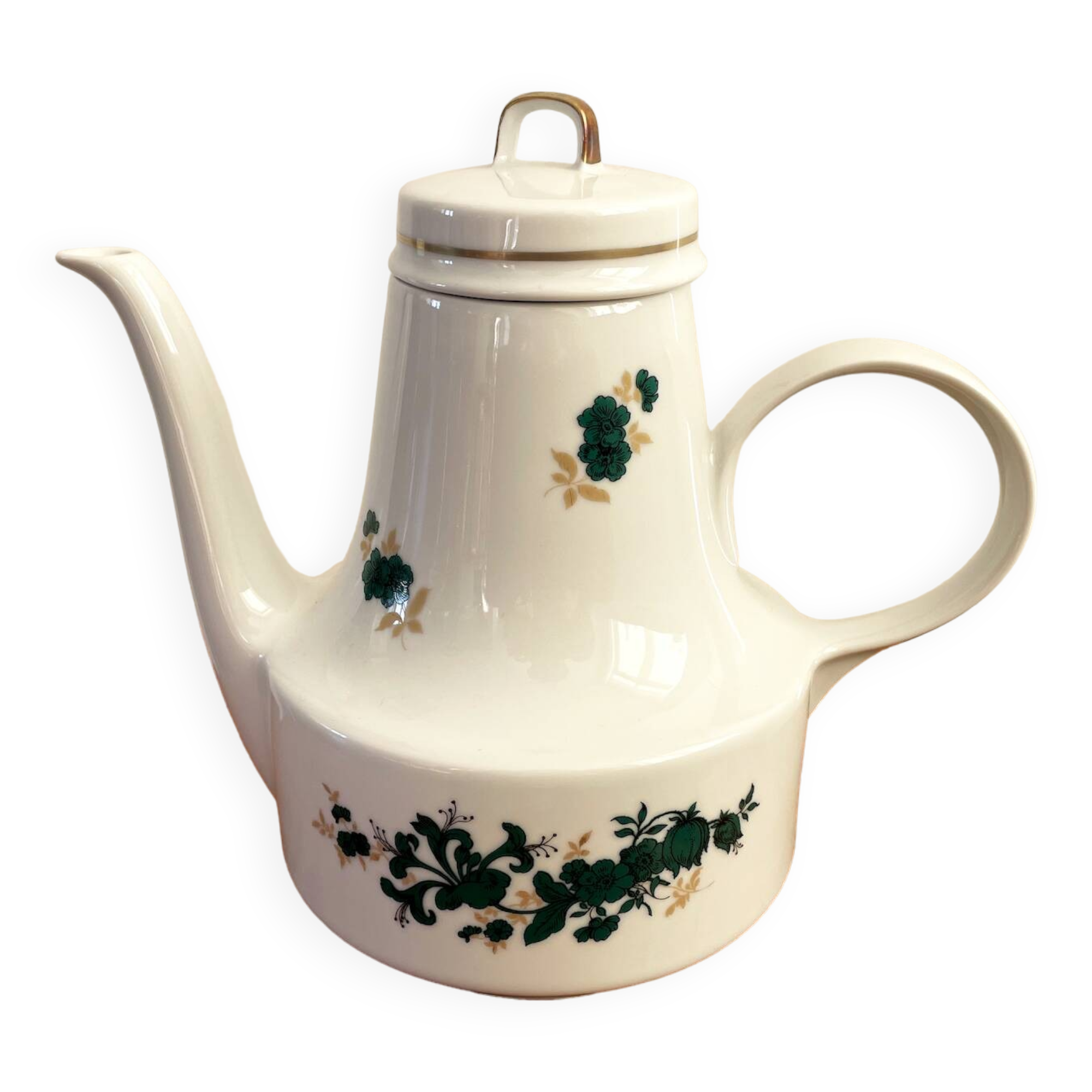 Henneberg 1777 Coffee Pot with Green and Golden Flower Motif, GDR East German Porcelain
