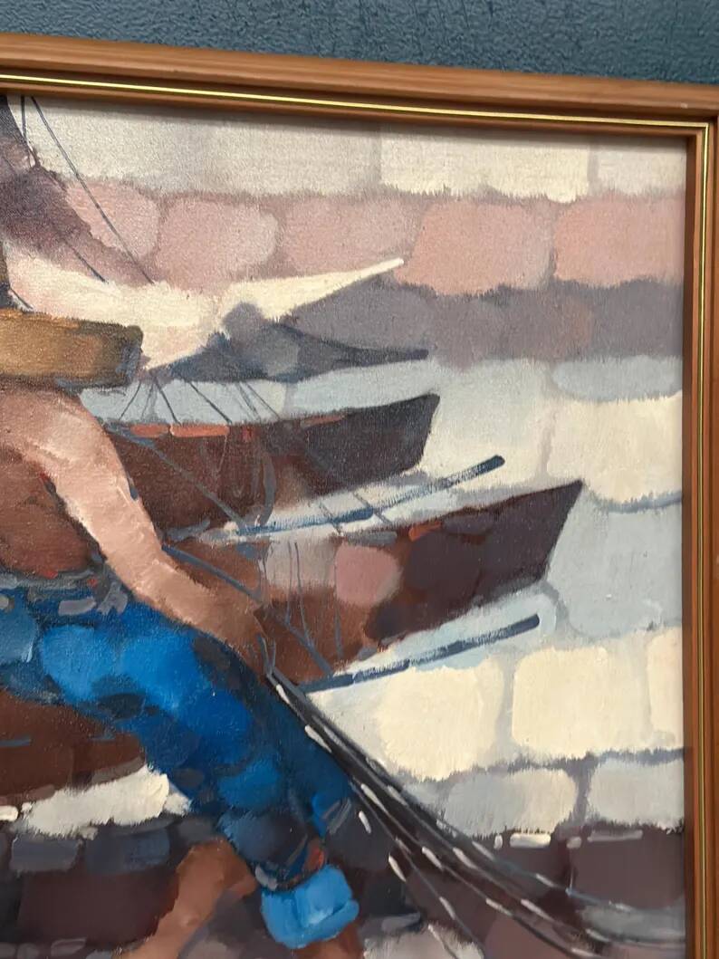 Swedish Oil on Panel"Fishermen" by Marylilla , Vintage and Framed