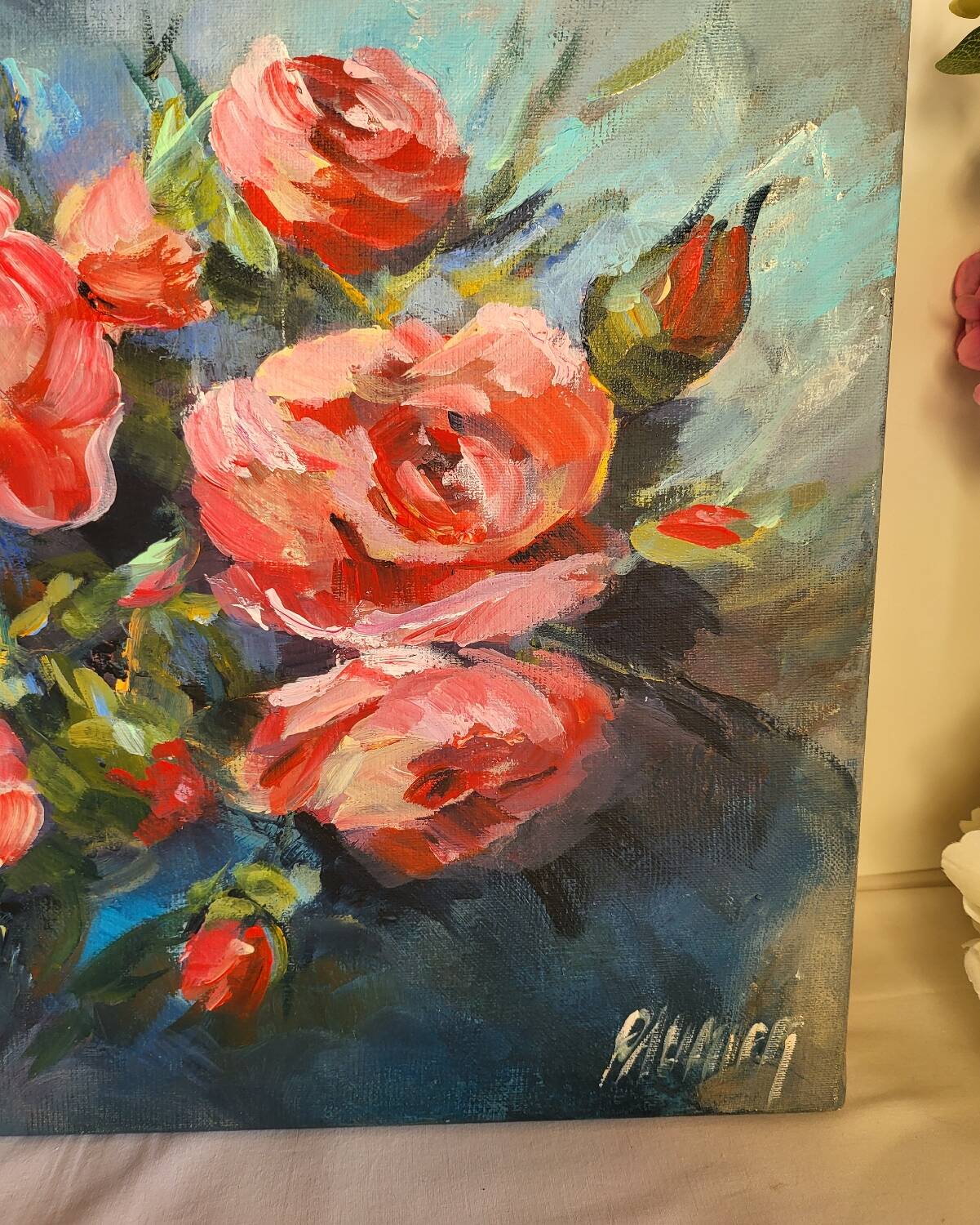 Oil on canvas painting of a bouquet of roses signed Paumier.