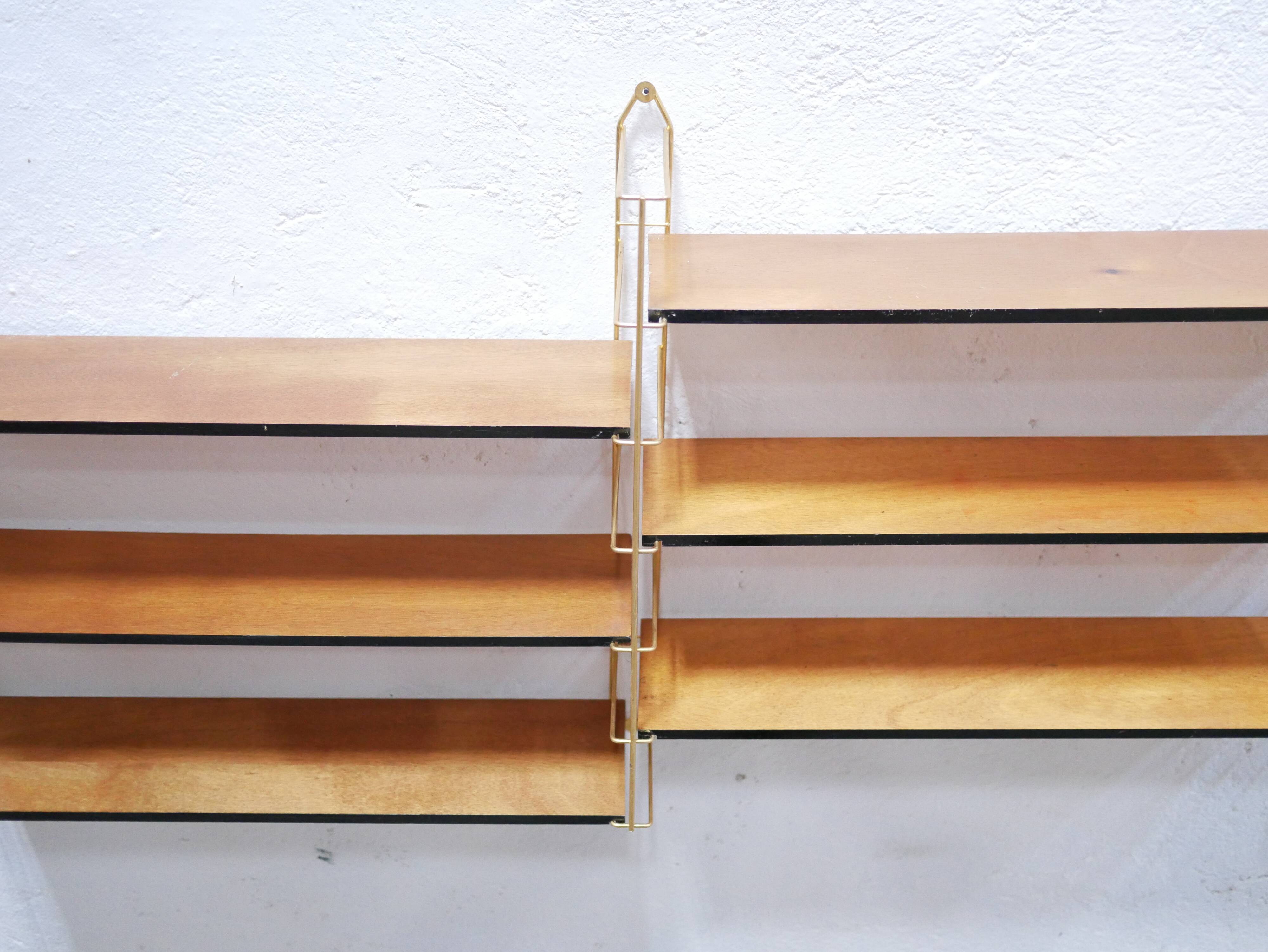 Vintage modular wall shelf in brass and wood