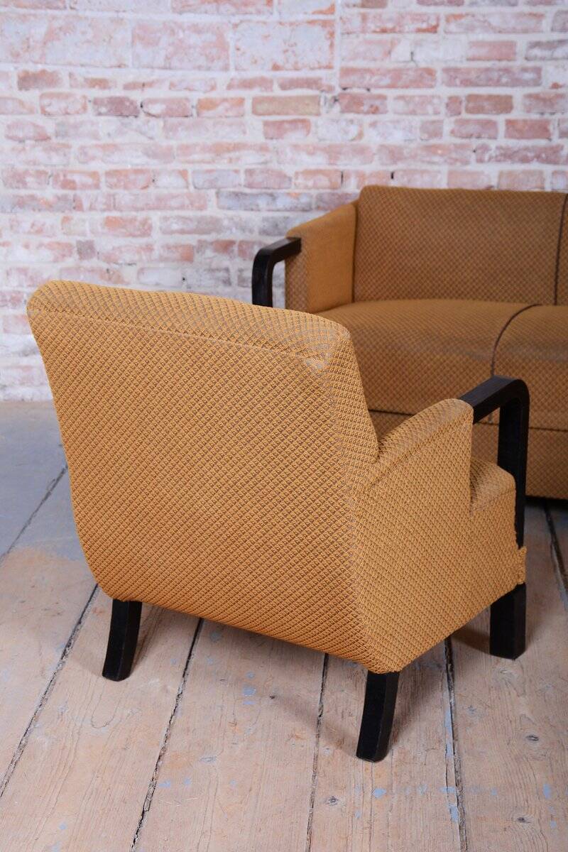 Czech Art Deco Sofas and Lounge Chairs in Beech and Oak attributed to Jindrich Halabala for Up Závody, 1930s, Set of 3