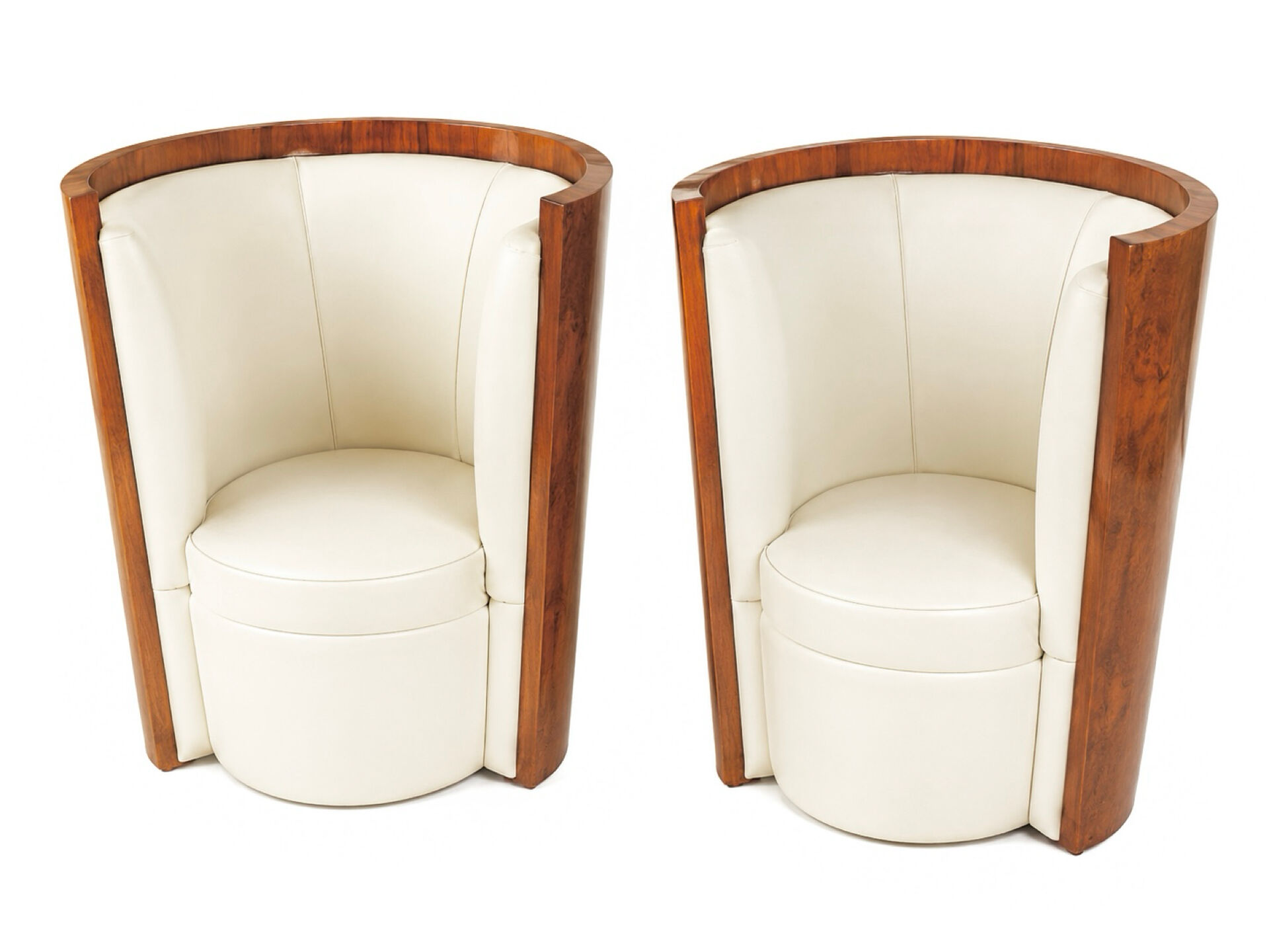 Pair of Art Deco armchairs in cream/white leather and burl veneer.