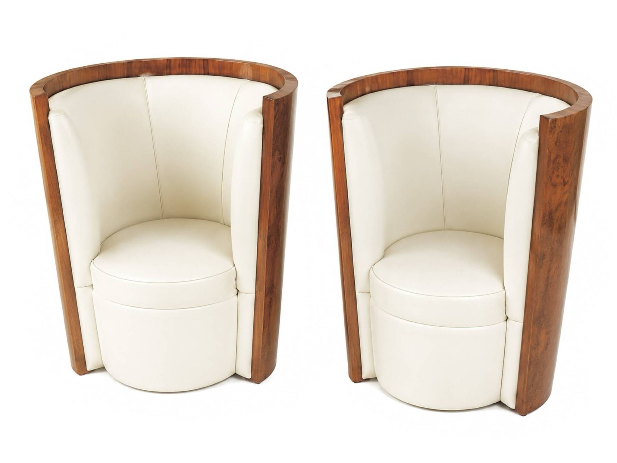 Pair of Art Deco armchairs in cream/white leather and burl veneer.