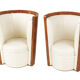 Pair of Art Deco armchairs in cream/white leather and burl veneer.