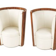 Pair of Art Deco armchairs in cream/white leather and burl veneer.