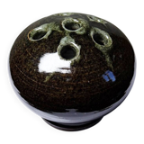 Brown and green glazed stoneware flower holder, vintage craftsmanship from the 1970s-1980s.