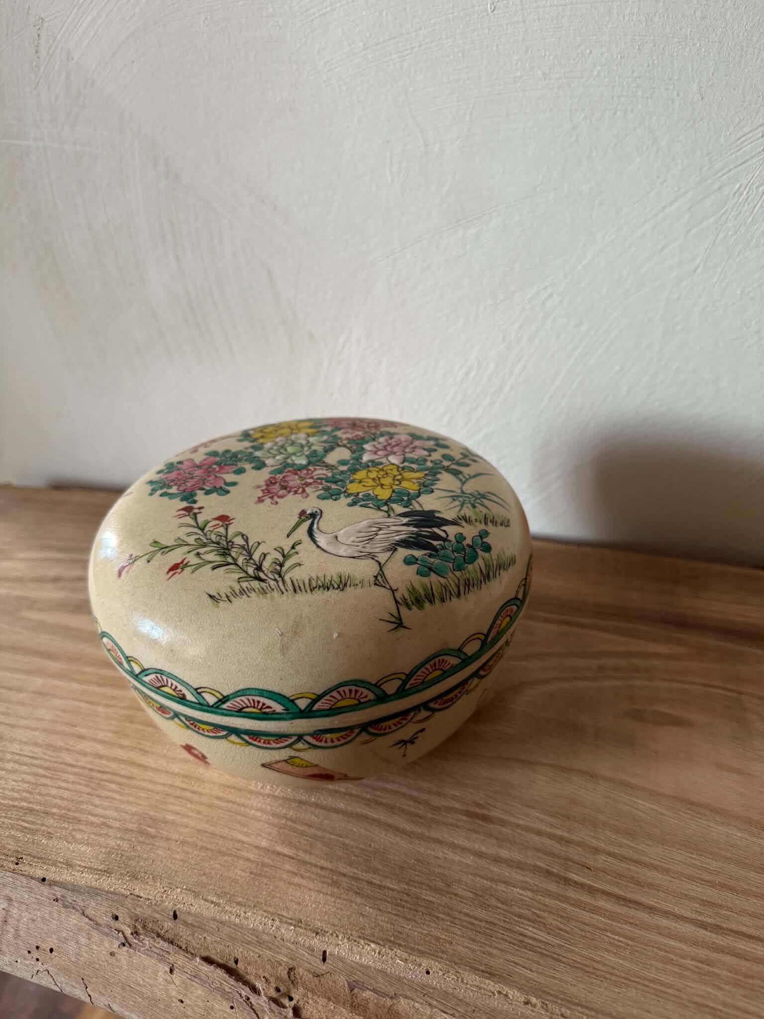 Japanese covered Satsuma ceramic box – heron and flowers decoration – signed