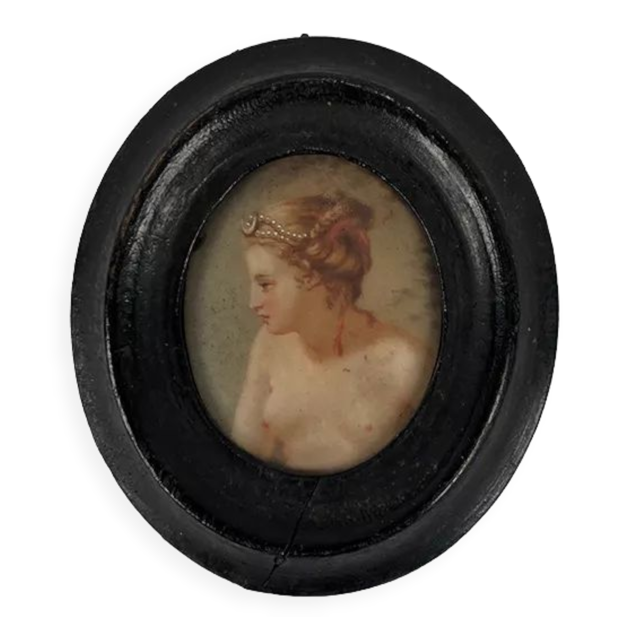 Miniature on medallion porcelain, blackened wooden frame