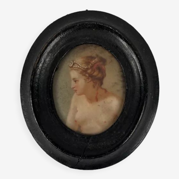 Miniature on medallion porcelain, blackened wooden frame