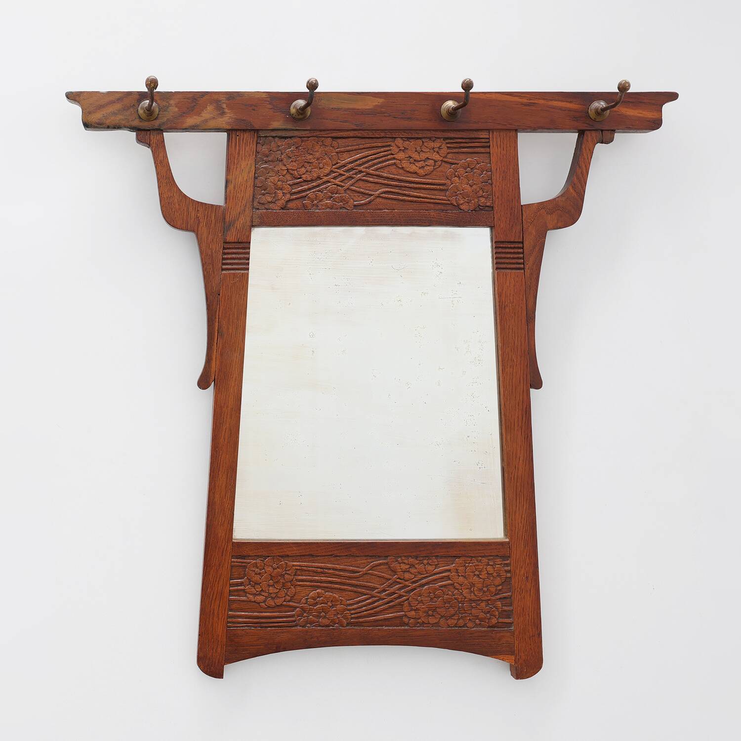 Art Nouveau Oak Coat Rack with Mirror and Floral Carvings, Belgium, circa 1