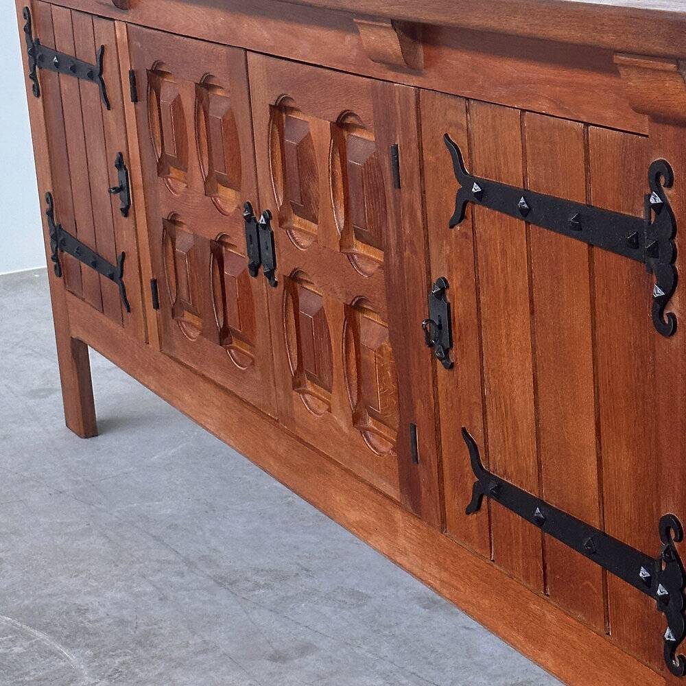 Brutalist solid oak sideboard with hand-forged iron hardware, Belgium, 1970s