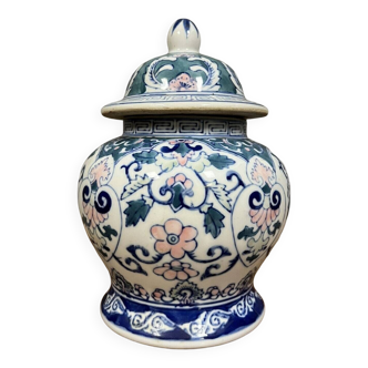 Vintage Asian covered vase in painted porcelain