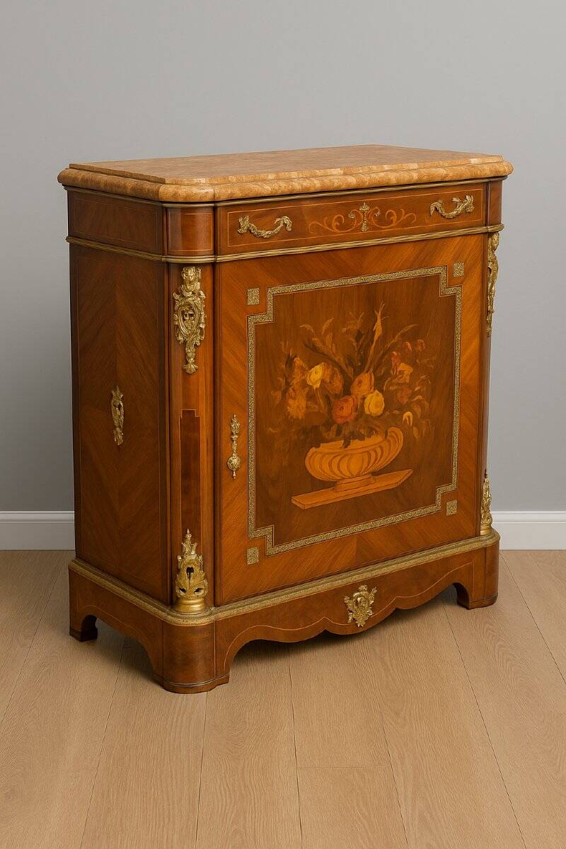 Support furniture in precious wood marquetry, richly decorated with floral marquetry.