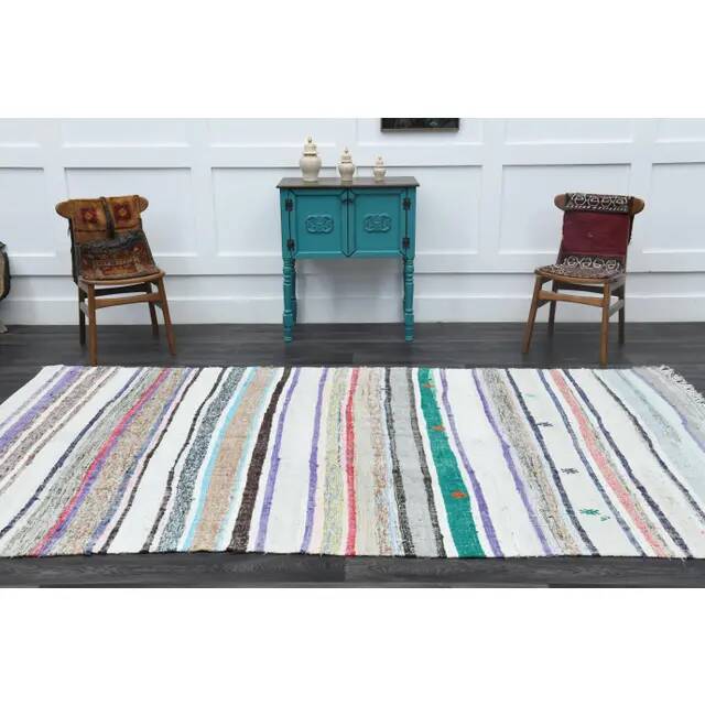 1970s Turkish Hand-Knotted Wool Kilim White Kilim Runner Rug 185x323