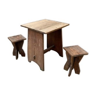 Table and 2 stools in vintage solid oak