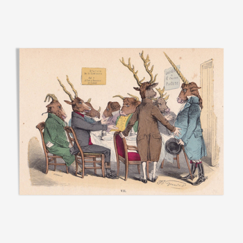 CARICATURE 19TH CENTURY 1869 Unicorn Deer Ox Ram Meal Restaurant ANIMALS JEAN JACQUES GRANDVILLE DECO