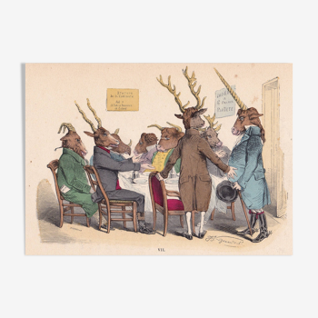 Caricature  XIXE 1869 licorne cerf boeuf bélier repas restaurant animaux jean jacques grandville deco
