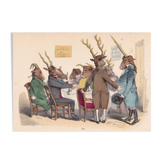 Caricature  XIXE 1869 licorne cerf boeuf bélier repas restaurant animaux jean jacques grandville deco