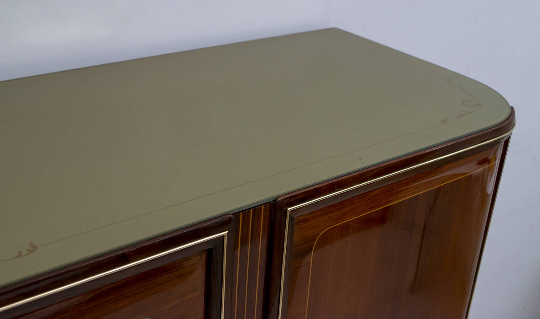 Attributed Gio Ponti Mid-Century Italian Mahogany and Brass Bar Cabinet, 50