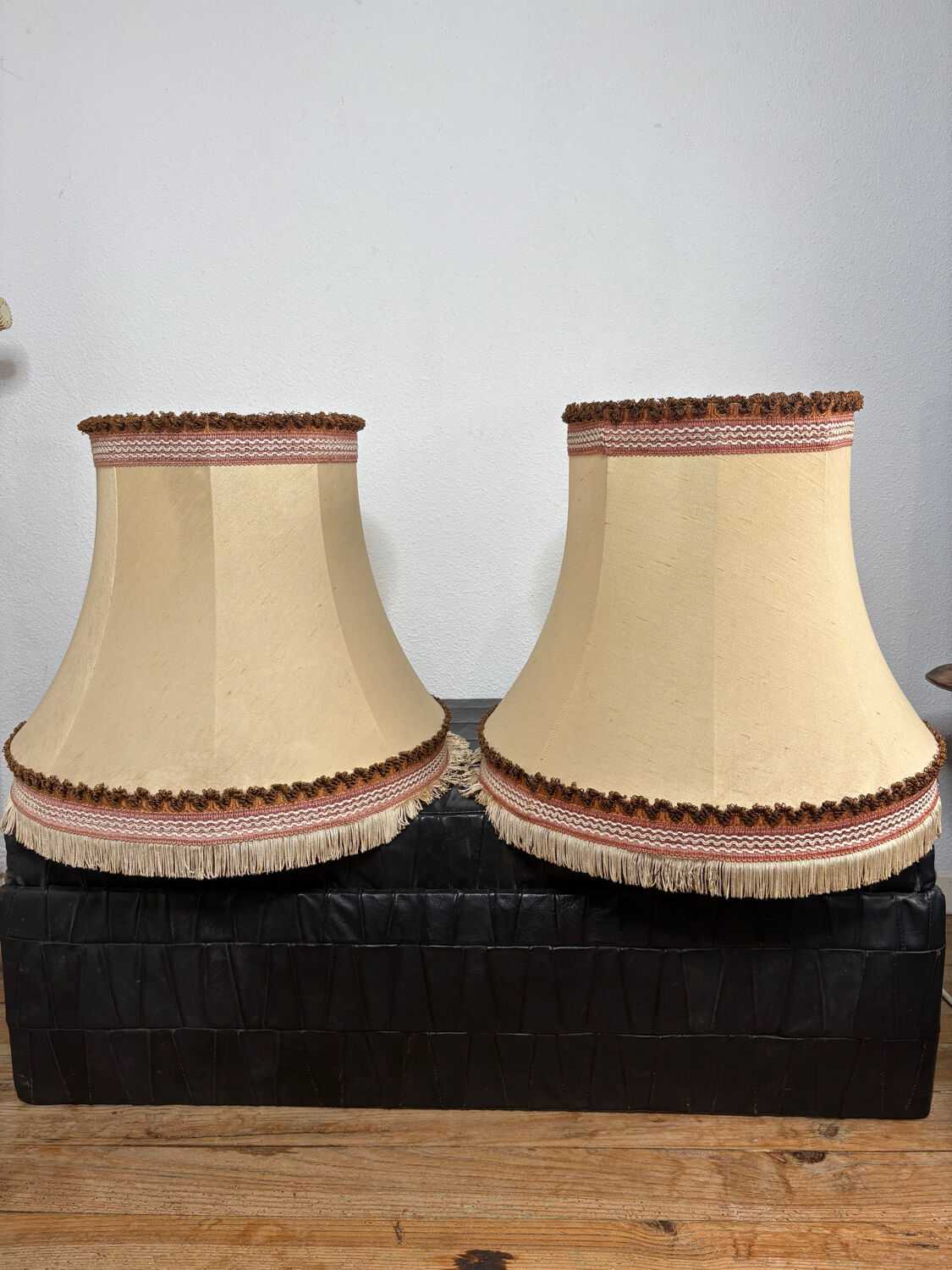 Pair of antique fabric lampshades with fringe