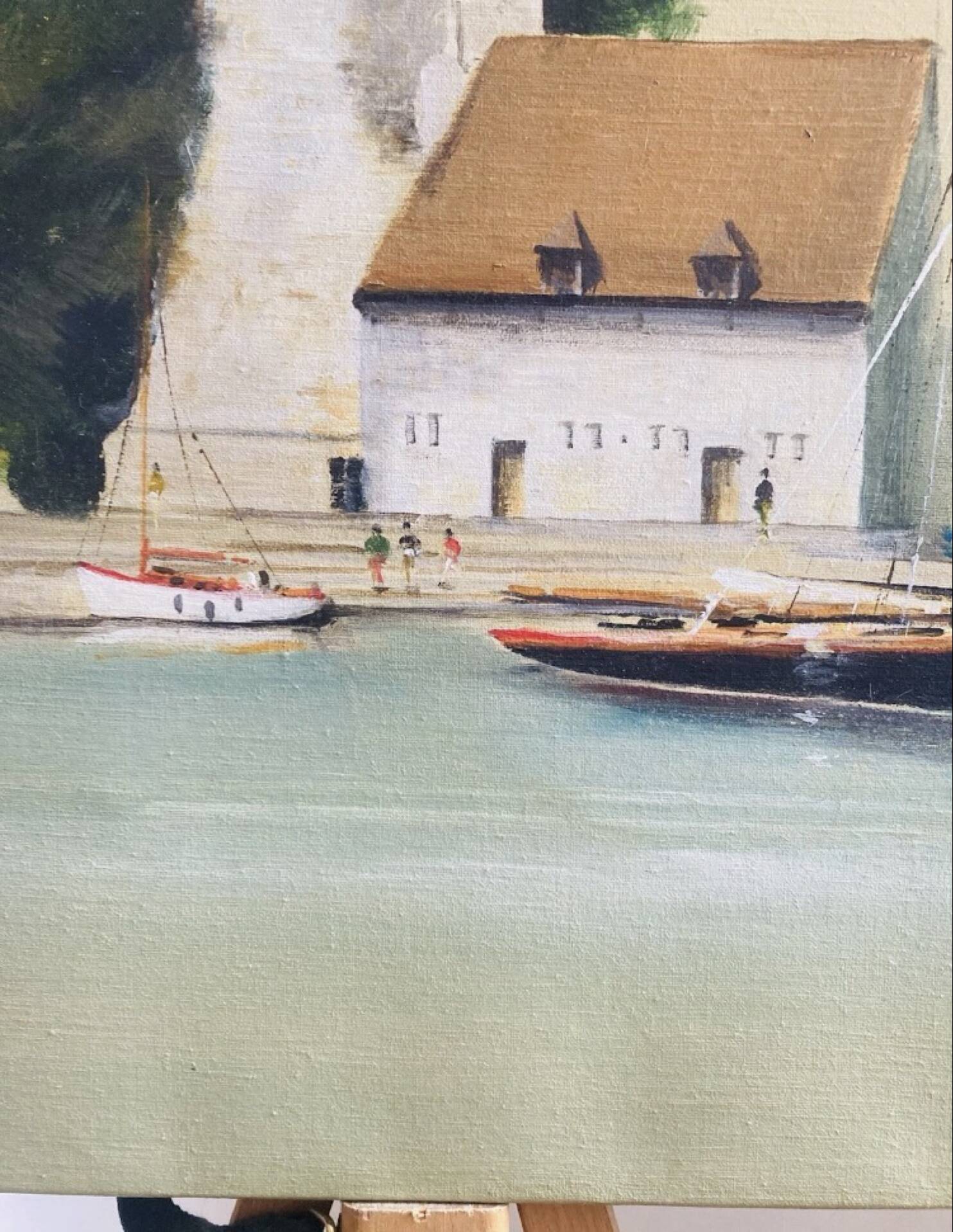 Oil painting on canvas of the old port of Honfleur signed Alain Huin.